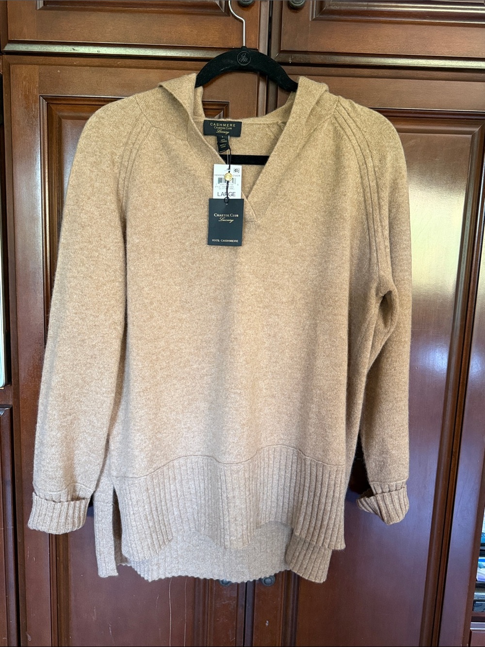 Charter Club Woman’s 100%  Cashmere V-Neck Hooded tunic Sweater in Camel size L